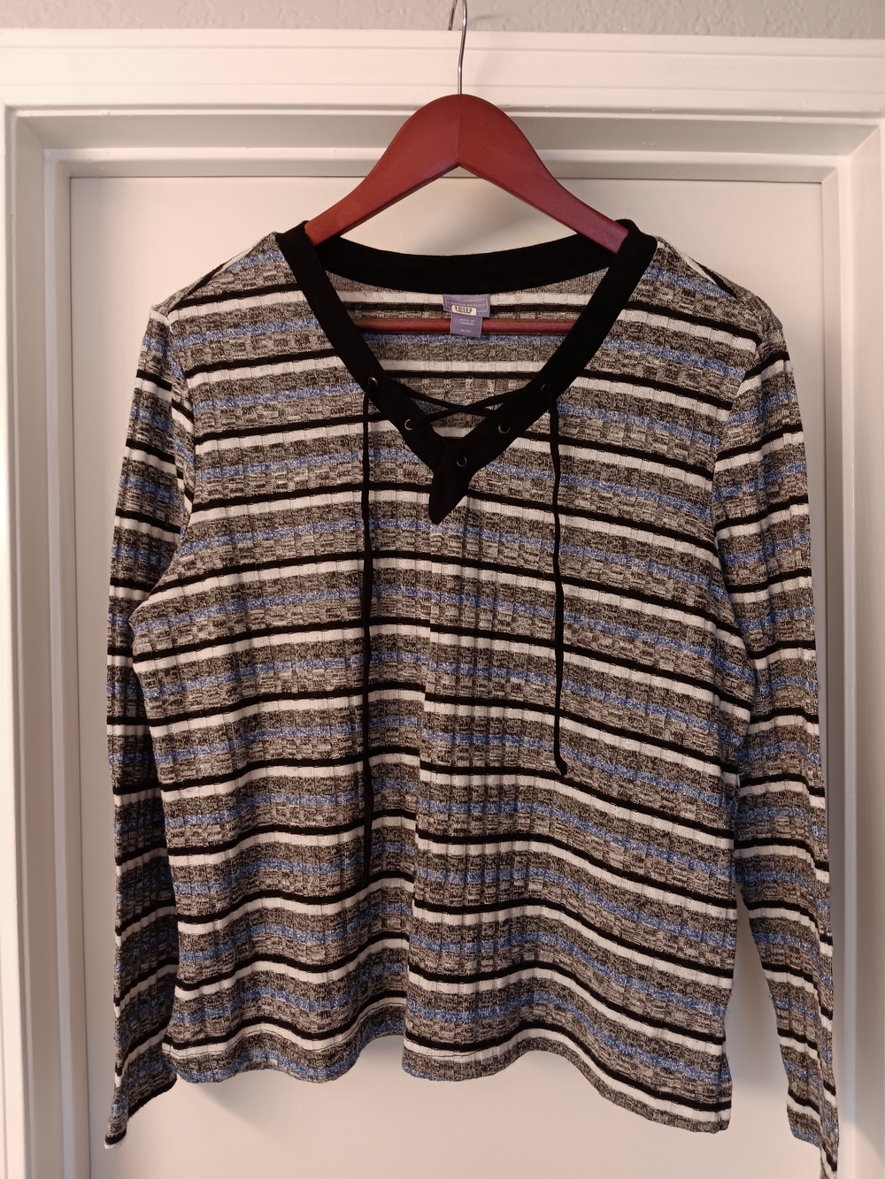 Laura Scott Black, Blue and Cream Striped Lace-Up V-Neck Sweater